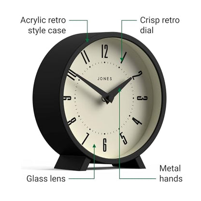 JONES CLOCKS® Venus Desk Clock | Modern Round Design | Black | Stylish Retro Look for Shelf, Table, Mantel or Bedside - color: Black