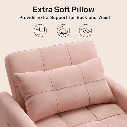 Convertible Sleeper Chair Sofa Bed, 3-in-1 Pull Out Sofa Chair, Pink | 3 in 1 Chair Bed, Adjustable Backrest, Storage Pocket, Compact Fit for Living Rooms, Apartments, Guest rooms - color: Pink Premium Velvet