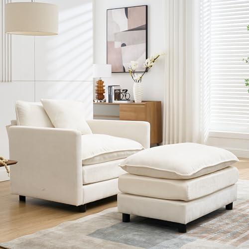 Button-Tufted Chaise Lounge Indoor, Velvet Chaise Lounge Chair with Legs & Toss Pillow, Armless Rolled Backrest Leisure Sofa Recliner For Living Room Bedroom (White-56.3"- Single Seat & Ottoman) - color: White Corduroy With Ottoman