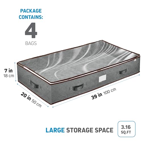ZOBER Under Bed Storage Bags, Underbed Storage Containers, Gray, 90L 4-Pack | Non-woven fabric, foldable, clear top, dual zippers, reinforced handles, under bed storage containers for clothes, blankets
