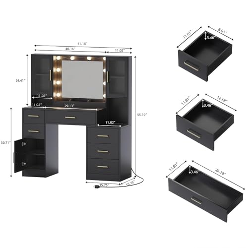 TOKSOM Makeup Vanity Desk with Mirror and Lights, 51" Makeup Vanity with Lights & Charging Station, Dressing Table Vanity Set for Bedroom, Vanity Table with 6 Drawers and 3 Cabinet Black - size: 51 inch, style: Modern Black