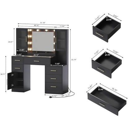 TOKSOM Makeup Vanity Desk with Mirror and Lights, 51" Makeup Vanity with Lights & Charging Station, Dressing Table Vanity Set for Bedroom, Vanity Table with 6 Drawers and 3 Cabinet Black - size: 51 inch, style: Modern Black