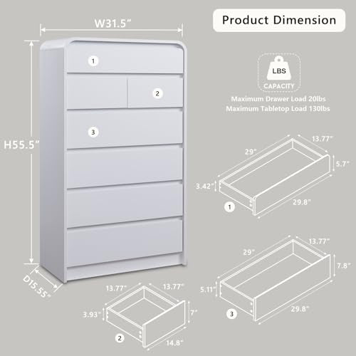 Aitjunz Modern 7 Drawers Dresser for Bedroom, 55" Tall Dressers & Chest of Drawers w/Curved Profile Design, Wood Mid Century Vertical Storage Dressers Organizer for Bedroom, Living Room, White - color: White, size: 15.5"D x 31.5"W x 55.5"H (7 Drawers)