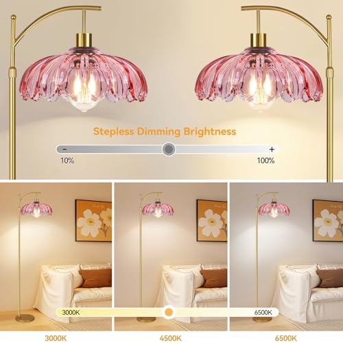 QIYIZM Pink Floor Lamp for Living Room,Bedroom,Gold Dimmable Standing Lamp with Remote,Mid Century Modern Brass Tall Lamp Boho Floor Lamps Arc Stained Glass Flower Floor Light Lamp Girls kids Bohemian - size: 22-Floor Lamp