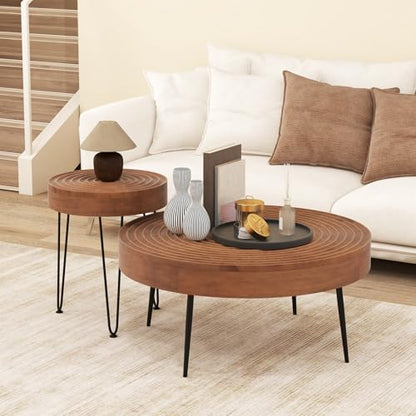 Giantex Boho Round Coffee Table Set of 2, Sofa Side Nesting Table with Solid Pine Wood Top, Metal Legs & Adjustable Foot Pads, 31.5" D Large Table Set for Living Room (Ring Pattern, Brown) - color: Brown, style: Ring Pattern