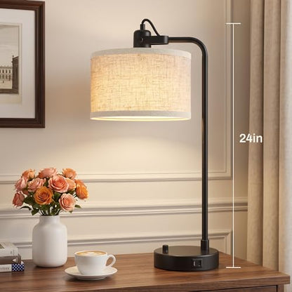 Black Table Lamp Set of 2, USB A+C, 180° Adjustable Bedside Lamps, Dimmable | Bare Bulb Compatible, Industrial Nightstand Lamp with Linen Lampshade, LED Bulbs Included, Desk Lamp for Bedroom, Living Room - color: Black-A