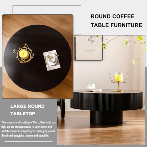 Round Fluted Drum Coffee Table with Pedestal Base | 30.9'' Modern Black Wooden Drum Center Table, Handcrafted Wood Fluted Edge, For Living Room & Apartment - color: Black Thick