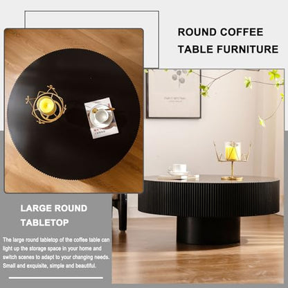 Round Fluted Drum Coffee Table with Pedestal Base | 30.9'' Modern Black Wooden Drum Center Table, Handcrafted Wood Fluted Edge, For Living Room & Apartment - color: Black Thick