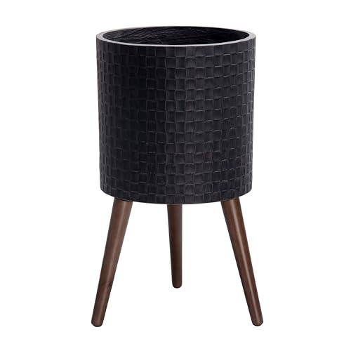 D'vine Dev Planter Pot with Wood Stand, 12 in, Distressed Black, 88-Z-C-5 | Mid-Century Modern Style, Elevated Plant Display, Drainage Hole and Plug, Functional & Stylish, Modern Indoor Planter - color: Distressed Black, size: Large