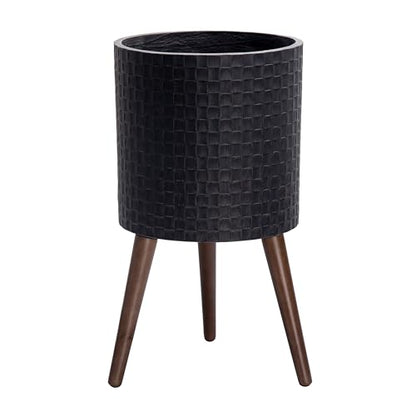 D'vine Dev Planter Pot with Wood Stand, 12 in, Distressed Black, 88-Z-C-5 | Mid-Century Modern Style, Elevated Plant Display, Drainage Hole and Plug, Functional & Stylish, Modern Indoor Planter - color: Distressed Black, size: Large