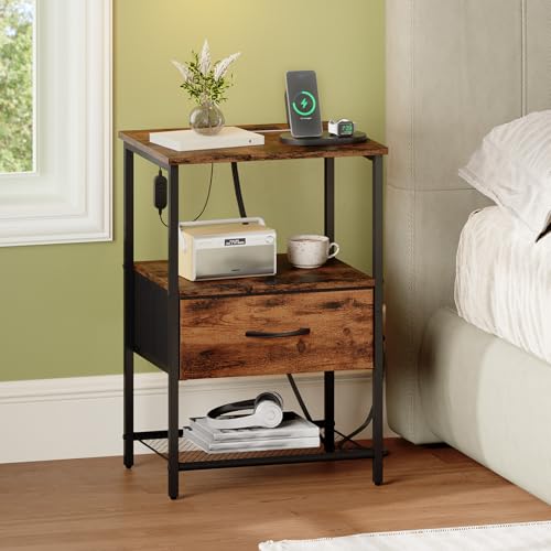 Somdot Nightstand with Charging Station & LED Light, Bedroom Bedside Table | Dorm, Guest Room, Kids Room, Laundry, Closet, Entryway and Hallway, Brown - color: Brown, size: 11.8"D x 15.7"W x 23.4"H (1 Drawers)