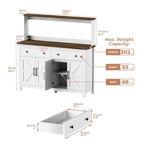 VVFLU Hutch Storage Cabinet Buffet with Drawers, and Charging Station, Coffee Bar Cabinet with Barn Doors, Wine Rack and Hooks, Countertop, Long Farmhouse, White, for Kitchen, Dining Room, 54.1" High - color: White/Wood, size: 15.7"D x 55.1"W x 54.1"H