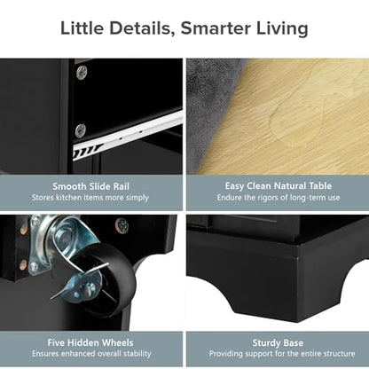 Charging Kitchen Island with 6 Drawers & Drop Leaf, Mobile Cabinet w/Trash Bin Compartment (Not Included), Rustic Wood Cart for Small Spaces (Black/D6) - color: Black/D6)