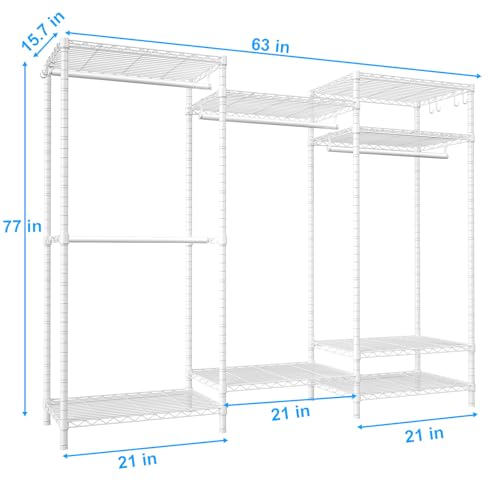 E13 Heavy Duty Clothes Rack（With 4 Hanger Rods & 8 Shelves） Freestanding Clothing Racks for Hanging Clothes，Adjustable Closet Organizer，Metal Garment Rack 63" W x16 D x77 H，Max Load 900LBS，White - color: White, size: E13