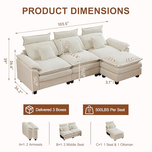 103'' Modular L Shaped Sofa, Cloud Deep Seat Sofa Couch with Ottoman, Detachable Headrest, 3 Seater Sectional Sofas for Living Room, Apartment, Studio, Beige - color: Beige, size: L Shaped Couch