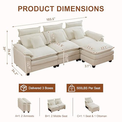 103'' Modular L Shaped Sofa, Cloud Deep Seat Sofa Couch with Ottoman, Detachable Headrest, 3 Seater Sectional Sofas for Living Room, Apartment, Studio, Beige - color: Beige, size: L Shaped Couch
