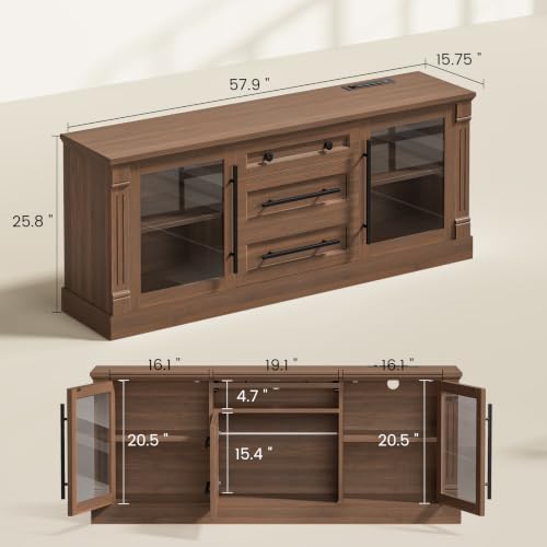 Itaar Farmhouse TV Stands for 65 Inch TV with Storage for Living Room | 3 Storage Cabinets, 1 Drawer, Living Room & Bedroom, Wood Media Console (Brown, 57.9 IN) - color: Brown, size: 57.9 IN