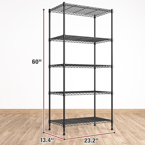 REIBII 60" H Wire Shelving, 1000LBS Heavy Duty & Adjustable, for Kitchen | Space Saving, Leveling Feet, Powder Coated Waterproof, Tool-Free Shelves, Freestanding, Anti-Tipping, Rust-resistant - size: 5 Tier,13.4" D x 23.2" W x 60" H