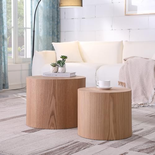 18.9" Round Nesting Coffee Table Set of 2, Modern Wooden Coffee Tables Circle Side Table for Small Space, Accent End Table Set, No Assembling, Matte Oak - color: 18.9" Oak