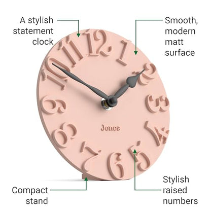 JONES CLOCKS® Hampstead Desk Clock | Freestanding | Rose Pink | Elegant Raised Moulded Numerals | Ideal for Shelf, Mantel, Living Room, Home Office or Bedside - color: Rose Pink