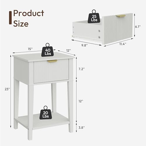 FuniXpress Small Nightstand, 15" Wide, Drawer and Shelf, White Fluted Front | Bright white tone, clean fluted front, 11.8-inch slim depth, smart storage, keeps small rooms light and organized - color: White