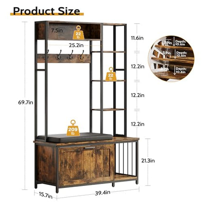 Hall Tree Coat Rack, Hall Tree With Bench and Shoe Storage Shoe With, Mud Room Storage Furniture，39.37 X 15.74 X 69.69 Inches, Brown - color: Brown