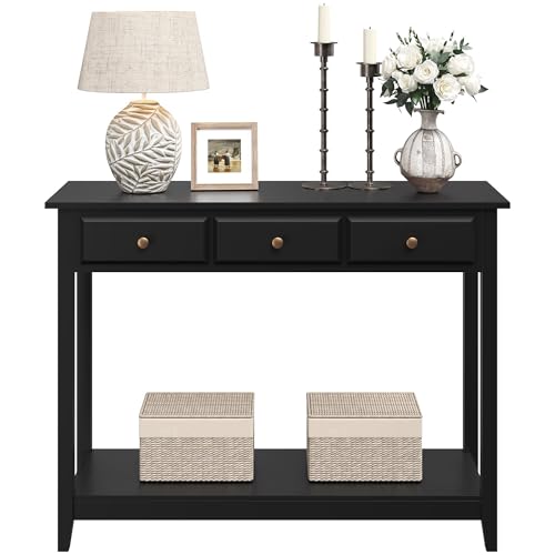Yaheetech Narrow Black Entryway Console Table with 3 Storage Drawers | Slim Enough for a Hallway, the Top Holds Up to 55 lb over a Lower Shelf for Everyday Extras, Built from Painted MDF - color: Black