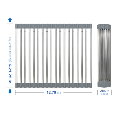 CHIRISEN Expandable Large Roll Up Dish Drying Rack, Foldable Over The Sink Dish Drying Rack, Rolling Dish Drainer Stainless Steel Roll Rack for Kitchen Sink Counter (Gray, 21.25x12.79in)