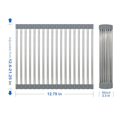 CHIRISEN Expandable Large Roll Up Dish Drying Rack, Foldable Over The Sink Dish Drying Rack, Rolling Dish Drainer Stainless Steel Roll Rack for Kitchen Sink Counter (Gray, 21.25x12.79in)