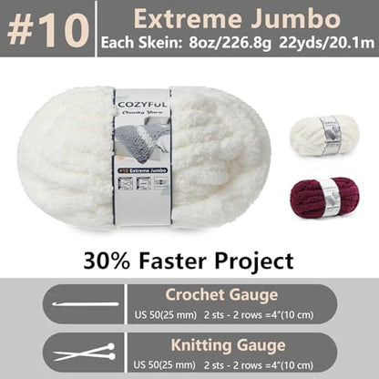 Cozyful Chunky Yarn for Hand Knitting - #10 Chunky Chenille Yarn, Jumbo Big Thick Chunky Yarns for Crocheting, Super Bulky Chunky Knit Blanket Yarns, 8 Skein (22yd, 8oz/Skein), Cream & Wine - color: Cream & Burgundy