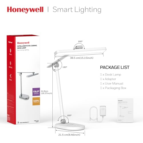 Honeywell HWT-H4 LED Desk Lamp, Eye-Caring, Dimmable, Auto Sensor | CRI97 Sunturalux LED, flicker-free eye care, 3 color temperatures, 5 brightness levels, auto dimming sensor, 60-min timer - color: White