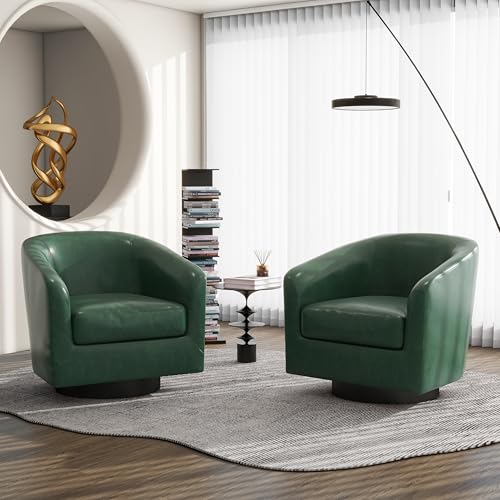 Swivel Barrel Accent Chair, Comfy Reading Armchair, Green, Set of 1 | Club Chairs for Adults, Low-Back Design, Modern Round Style, Solid Wood Frame & Metal Swivel Base, For Living Room & Bedroom - color: Green