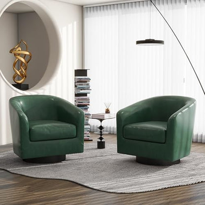 Swivel Barrel Accent Chair, Comfy Reading Armchair, Green, Set of 1 | Club Chairs for Adults, Low-Back Design, Modern Round Style, Solid Wood Frame & Metal Swivel Base, For Living Room & Bedroom - color: Green