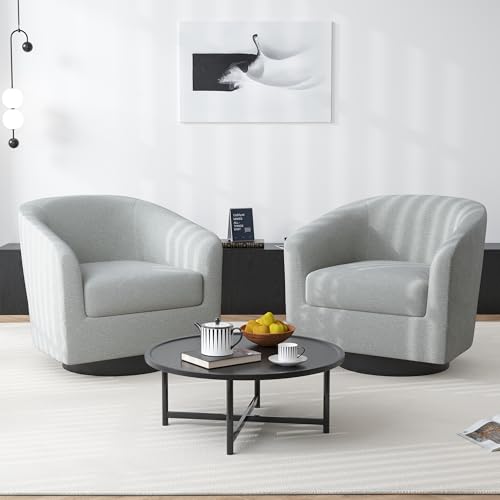 Swivel Barrel Accent Chair, Comfy Reading Armchair, Light Gray, Set of 2 | Club Chairs for Adults, Low-Back Design, Modern Round Style, Solid Wood Frame & Metal Swivel Base, For Living Room & Bedroom - color: Light Gray