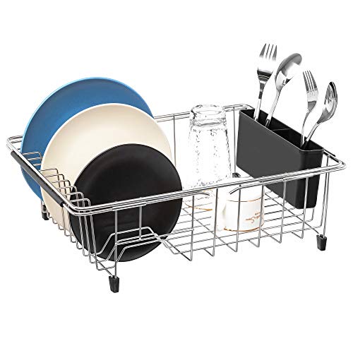 Expandable Multifunctional Dish Drying Rack, Over The Sink, in Sink Or On Counter Dish Drainer Basket Shelf with Black Utensil Silverware Holder, Rustproof Stainless Organizer - color: Black