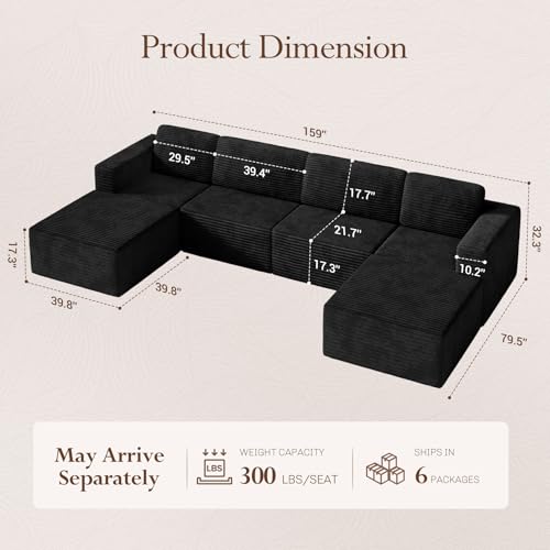 Vesgantti 159" Large Modular Sectional Sofa, U-Shaped Corduroy Cloud Couch with Deep Seats & Spring Support, 4-Seater Boneless Sofa with 2 Movable Ottomans, No Assembly Needed, Black - color: 159" - 4 Seater + 2 Ottoman Black