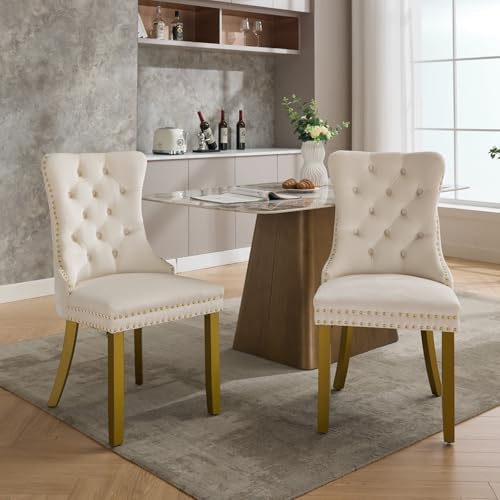 KEIKI Upholstered Velvet Dining Chair, Mid-Century Tufted Accent Seat | with Golden Solid Wood Legs for Dining Room Kitchen Room, Milk White - color: Milk White