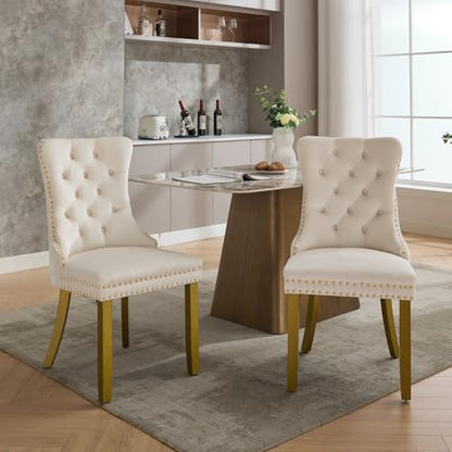 KEIKI Upholstered Velvet Dining Chair, Mid-Century Tufted Accent Seat | with Golden Solid Wood Legs for Dining Room Kitchen Room, Milk White - color: Milk White
