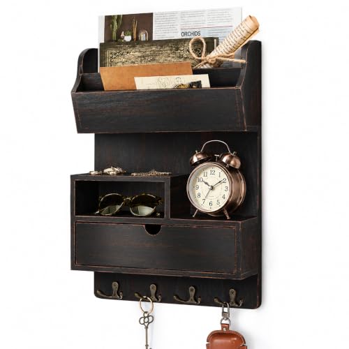 Rebee Vision Pine Wood Key Holder Wall Mount with Drawer, Distressed Black | Mail and Key Organizer for Wall, Mail Slot, 4 Hooks for Keys, Entryway Organization, Perfect Envelope Holder for Home Decor - color: Distressed Black