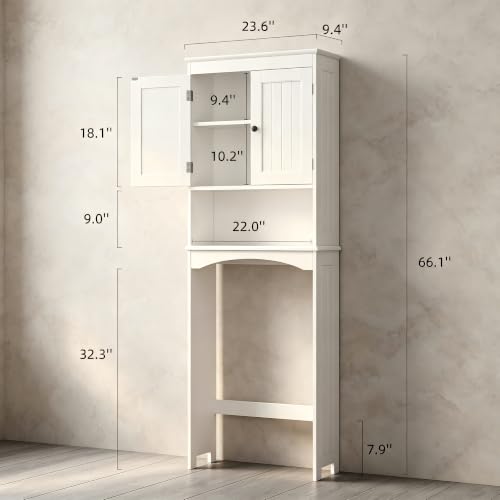 Bealife Over The Toilet Storage Cabinet with Open Shelf - White | Over Toilet Bathroom Organizer with Adjustable Shelf and Double Doors, Space Saver Free Standing Storage Shelf for Bathroom - color: White
