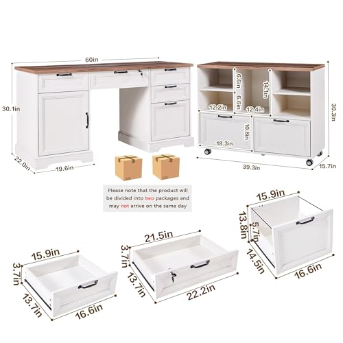 60" Farmhouse Executive Desk with 40" Mobile File Cabinet,L Shaped Desk Set with Charging Station,Office Desk with Storage Drawers,Wood Computer Desk Set for Office Work,Home Study - color: White