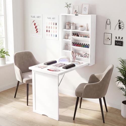 Casart Multi-Function Computer Desk, Wall Mounted Fold Out Table | Convertible Writing Workstation with Built-in Storage Shelves; Space Saving Furniture for Home Salon Office Nail Art Station