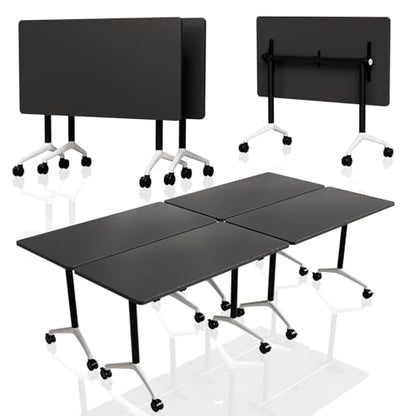 Folding Conference Table with Wheels Set of 6, Modular Conference Room Table for 6-12 Person Meetings, Flip Top Rolling Training & Classroom Tables, Nesting Office Tables - color: Black, size: 71 in