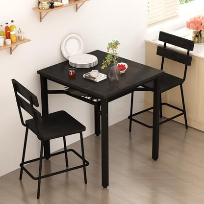 Hooseng 3 Piece Bar Table and Chairs Set, Counter Height Small Dining Table with 2 Bar Stools, Farmhouse Square Kitchen Table with Storage for Bistro, Pub, Small Space - color: Black