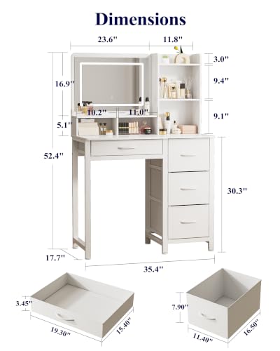 Kitsure Vanity Desk with Mirror and Lights, Large Capacity, Fabric Drawers | Bedroom, Teens & Women, 3 Light Modes, 4 Fabric Drawers, 17"D x 35"W x 52"H, White