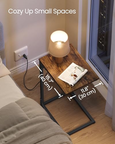 VASAGLE C-Shaped Side Table with Charging Station, 2 USB Ports and Outlets | End Table, C Table for Couch, Sofa, Adjustable Feet, for Bedroom, Living Room, Rustic Brown, BARNET Collection ULET362K01 - color: Rustic Brown + Ink Black
