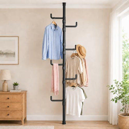 Floor to Ceiling Clothes Drying Rack, Adjustable Tension Pole Laundry Rack for Balcony. Vertical Coat Hanger Stand for Bathroom Bedroom, No Drilling Easy Install Space Saving (Black) - color: Black