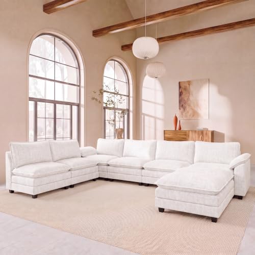 JUMMICO 232" Oversized Sectional Couch, Modular Cloud Sofa, White | Comfy Chenille, 2 Movable Ottoman, Deep Seat, Double Layer Cushion, 6 Seat, High-Density Foam, for Living Room - color: White, size: Oversized Sofa