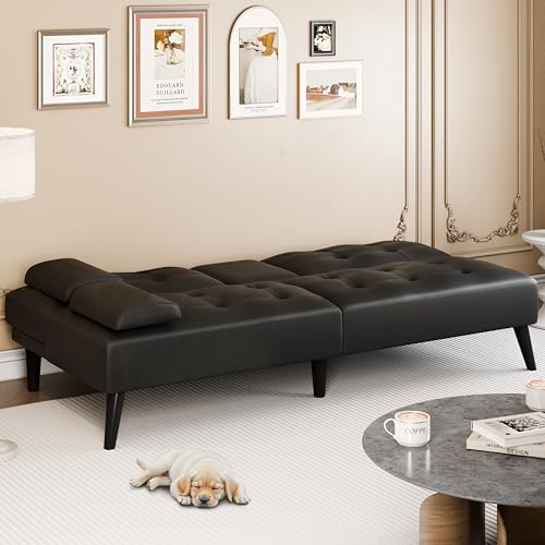64" Futon Sofa Bed, Small Loveseat with 2 Cup Holders, Small Couch with 3 Adjustable Angles & Removable Armrest, Small Sofa for Small Space (PU Leather, Black)