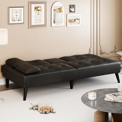 64" Futon Sofa Bed, Small Loveseat with 2 Cup Holders, Small Couch with 3 Adjustable Angles & Removable Armrest, Small Sofa for Small Space (PU Leather, Black)